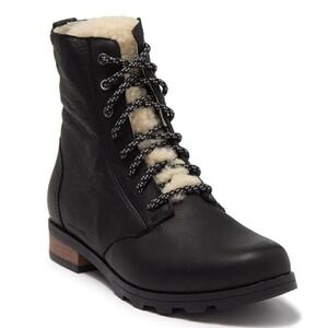 SOREL Emelie Genuine Shearling Lamb Fur Short Lace-Up Boot, Black, Size 8, NWT‎